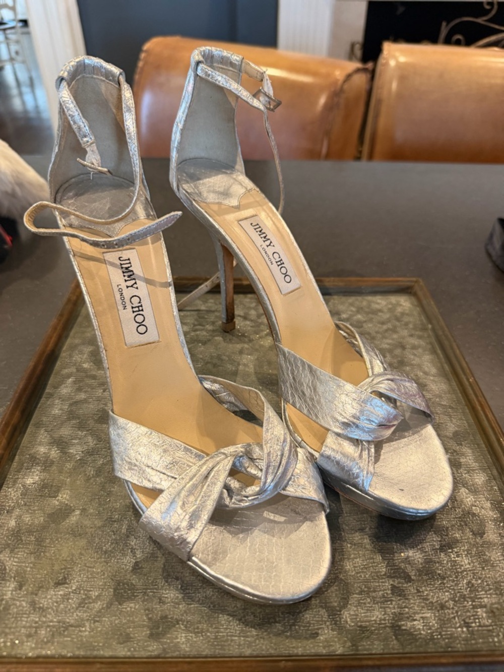 Jimmy Choo Silver Metallic Knot Front Ankle Strap Stilettos